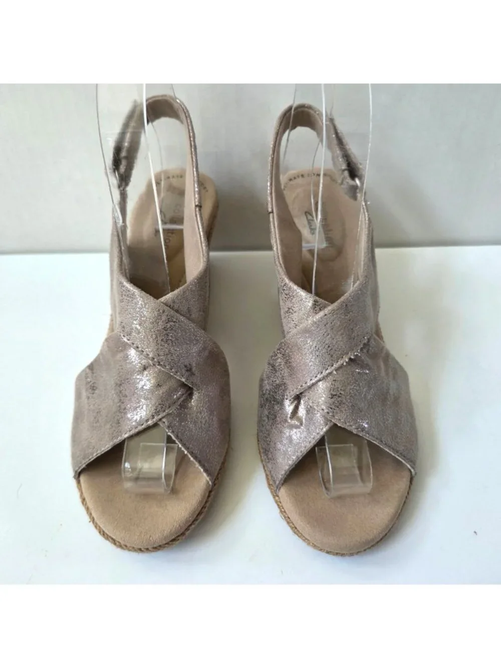 Clarks Shoes Womens 8 Metallic Pewter Lafley Alaine Jute Wedge Comfort Sandals